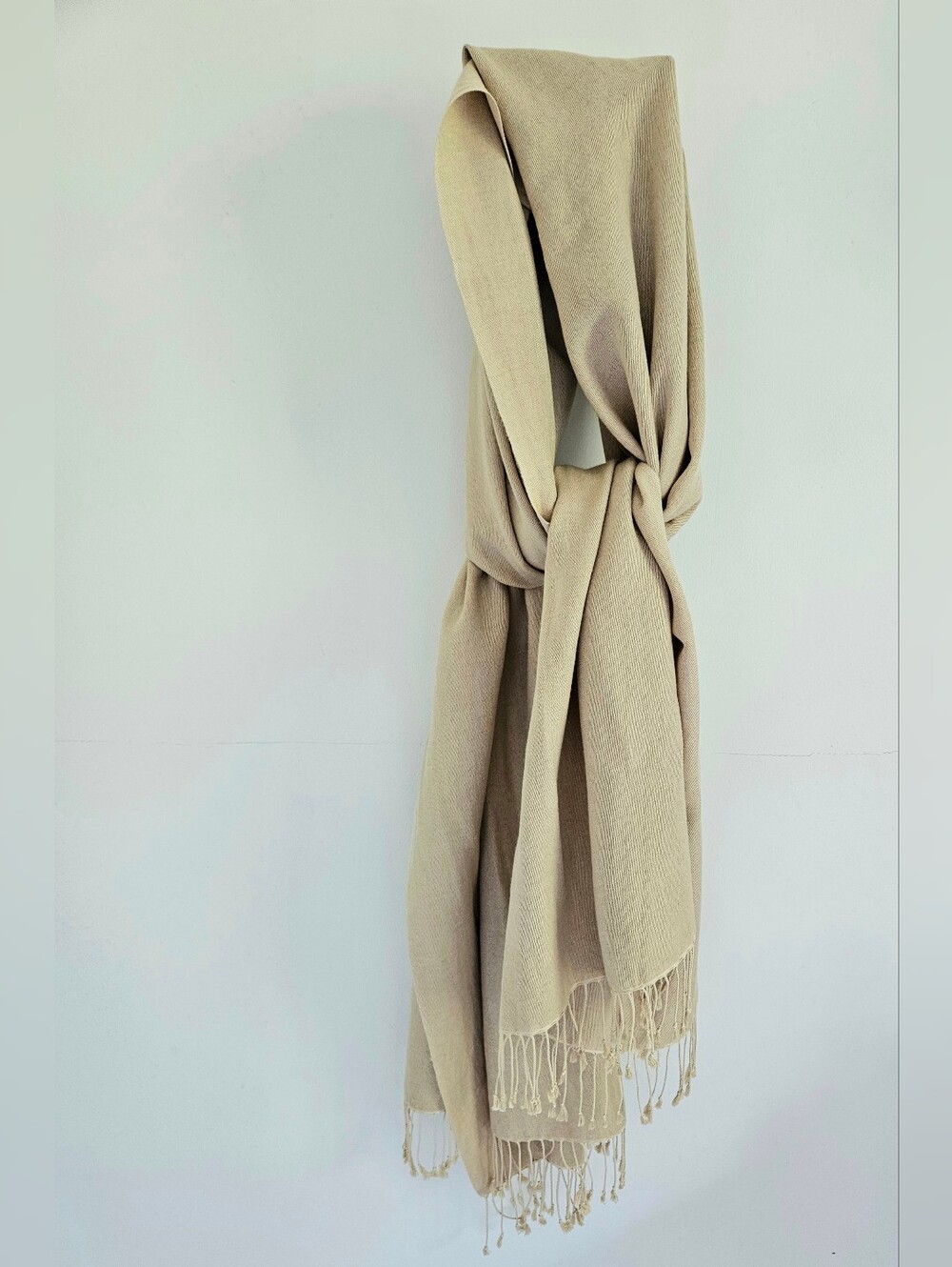 Cashmere Pashmina Long Scarf Tan With Fringe